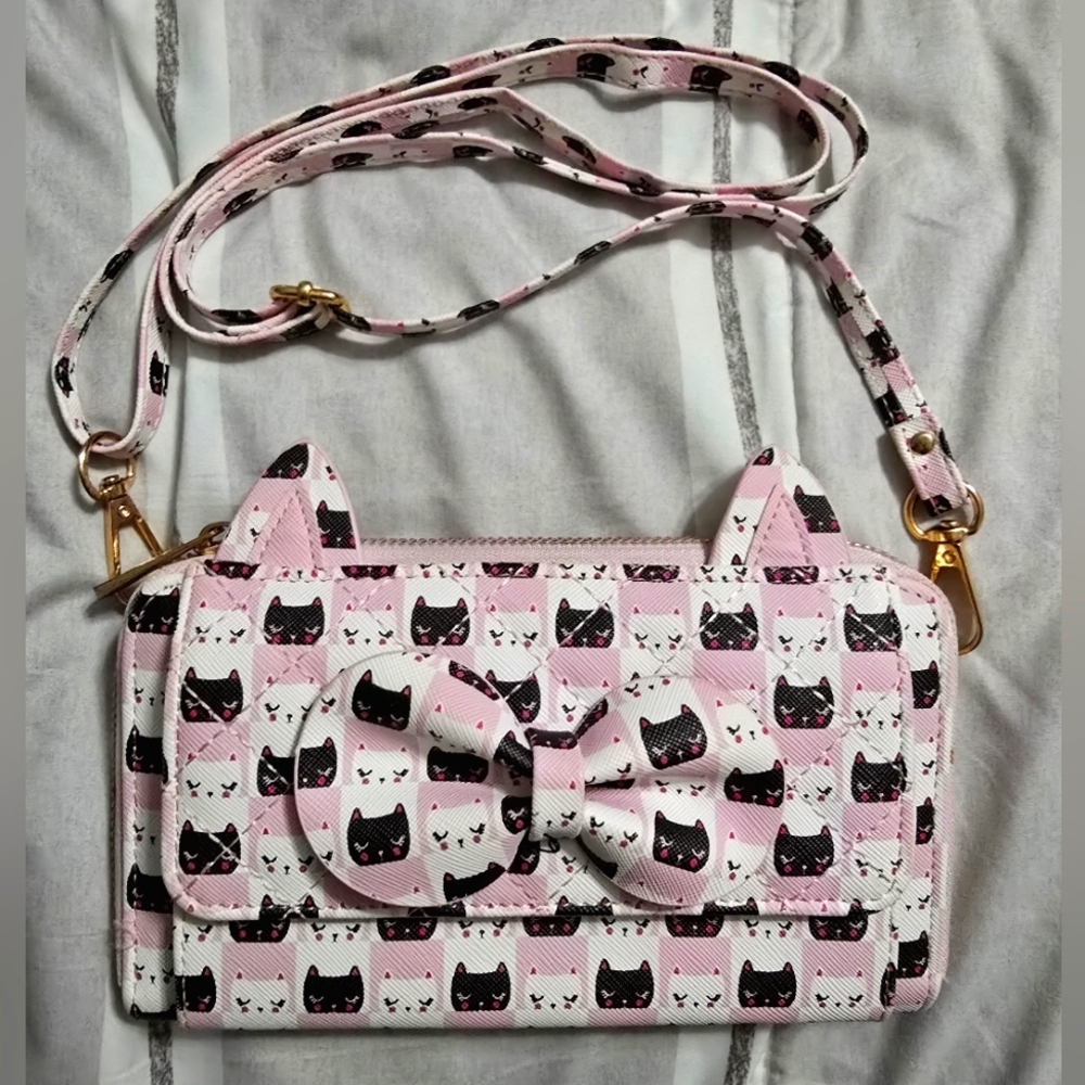 Cute Cat Bow Crossbody Bag - Pink and White